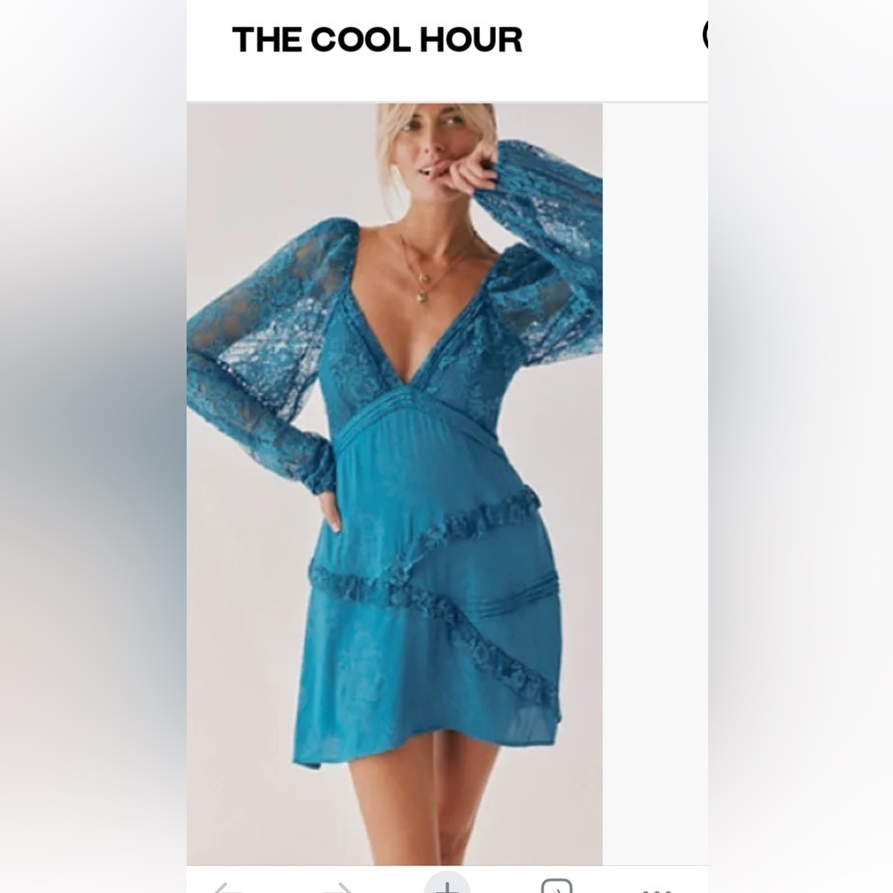 NWT Free People For Love & Lemons Teal Lace V-Neck Long Sleeve Dress Medium